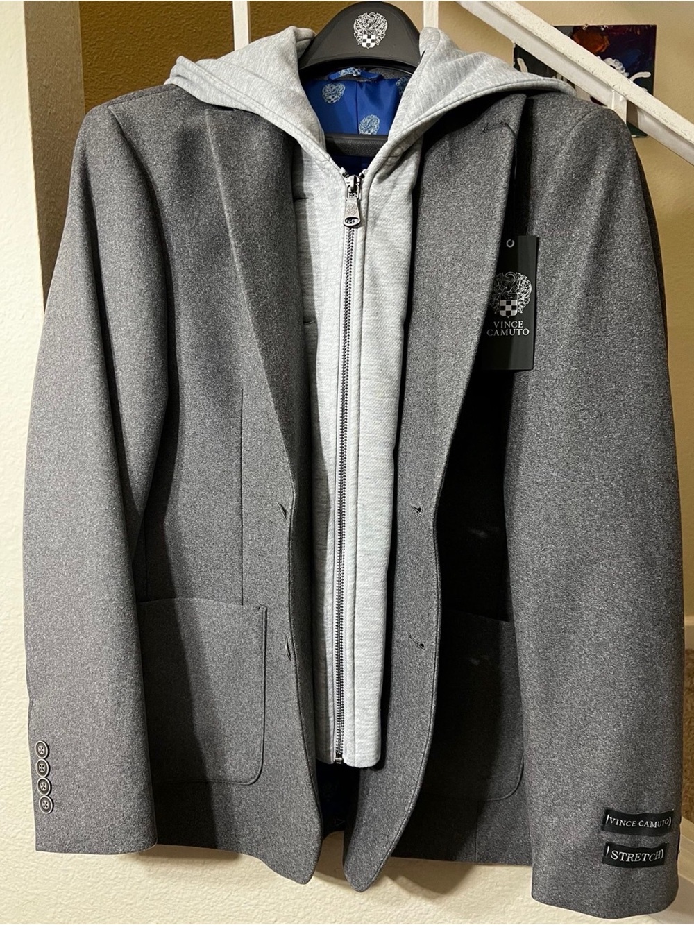 Vince Camuto Charcoal Gray Blazer with Light Gray Hoodie Insert